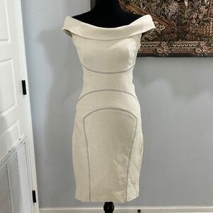Elene Cassis Dress Size 4 Off‎ Shoulder Beige Fitted Cocktail Party